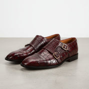 Men's Burgundy Crocodile-Embossed Leather Double Monk Strap Shoes — Heddon — Heddon