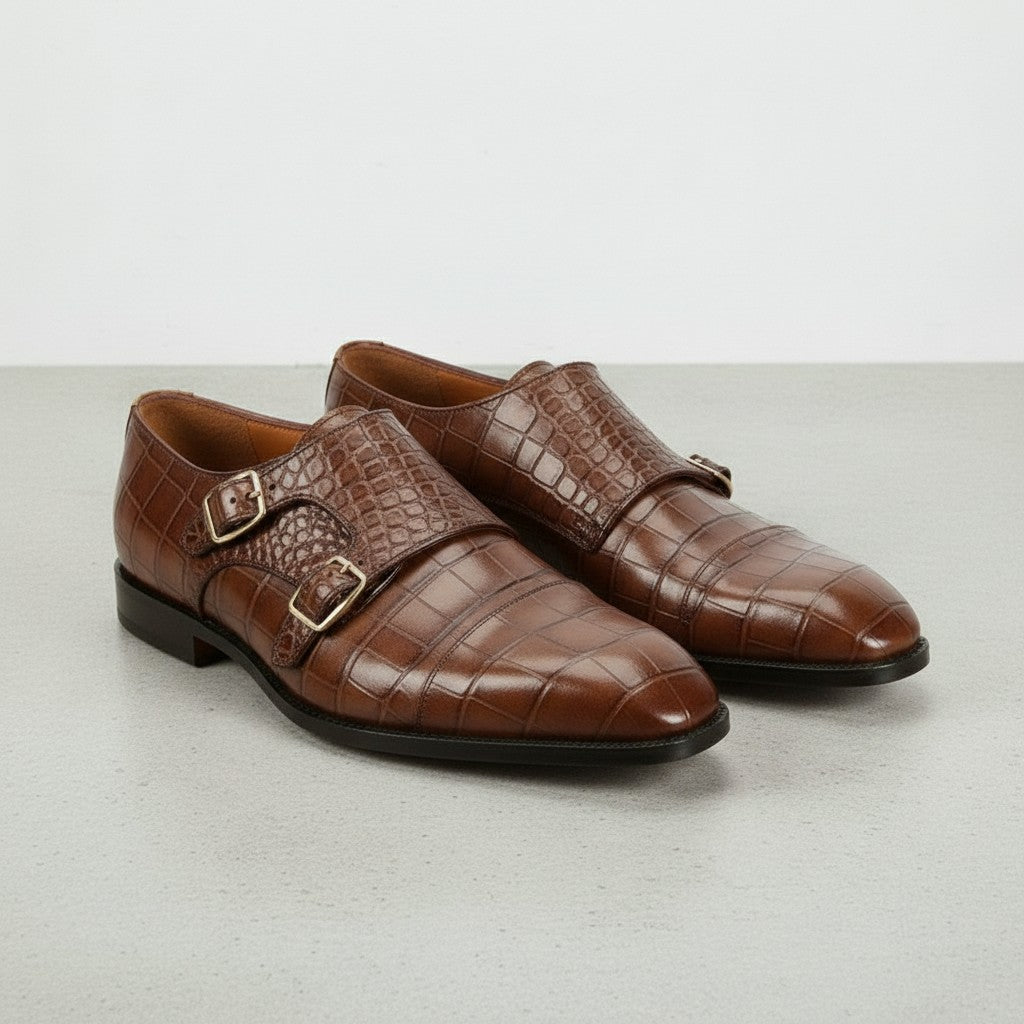 Men's Brown Crocodile-Embossed Leather Double Monk Strap Shoes — Heddon