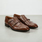 Men's Brown Crocodile-Embossed Leather Double Monk Strap Shoes — Heddon