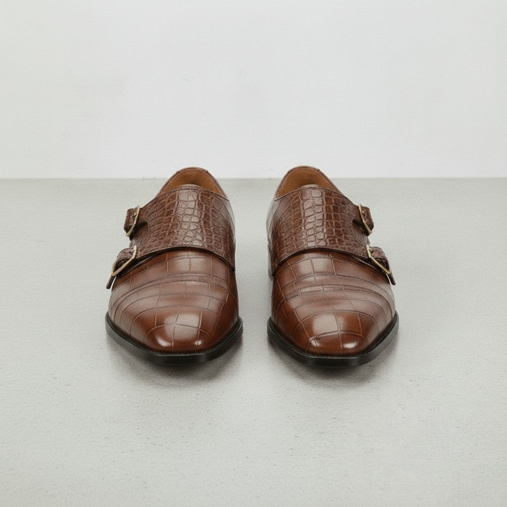 Men's Brown Crocodile-Embossed Leather Double Monk Strap Shoes — Heddon