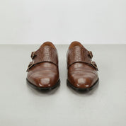 Men's Brown Crocodile-Embossed Leather Double Monk Strap Shoes — Heddon