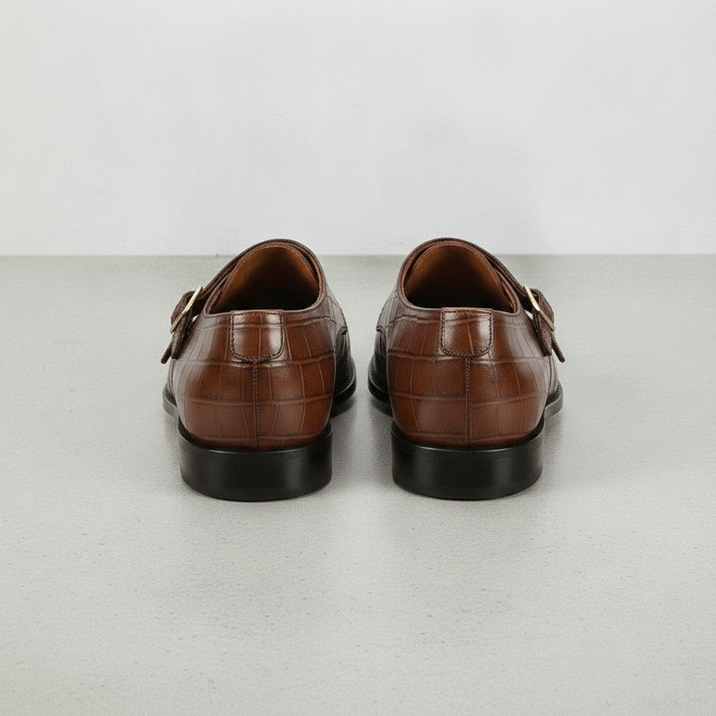 Men's Brown Crocodile-Embossed Leather Double Monk Strap Shoes — Heddon