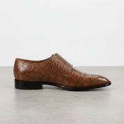 Men's Brown Crocodile-Embossed Leather Double Monk Strap Shoes — Heddon