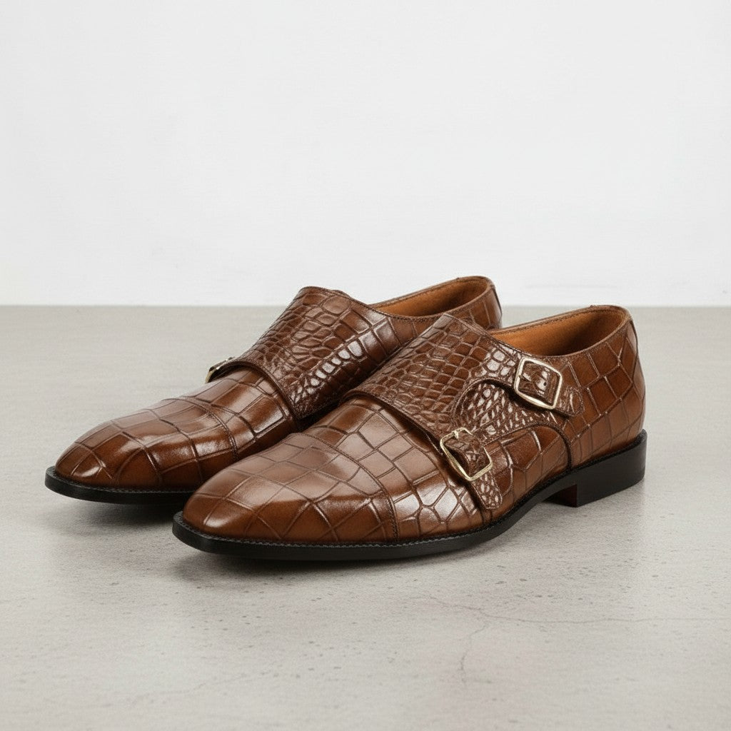 Men's Brown Crocodile-Embossed Leather Double Monk Strap Shoes — Heddon