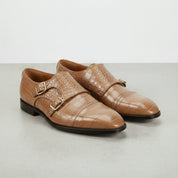 Men's Tan Crocodile-Embossed Leather Double Monk Strap Shoes — Heddon — Heddon