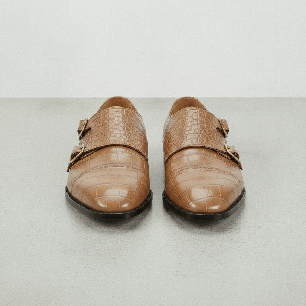 Men's Tan Crocodile-Embossed Leather Double Monk Strap Shoes — Heddon — Heddon