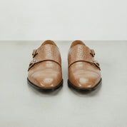 Men's Tan Crocodile-Embossed Leather Double Monk Strap Shoes — Heddon — Heddon