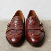 Men's Brown Crocodile-Embossed Leather Double Monk Shoes — Bowman — Bowman
