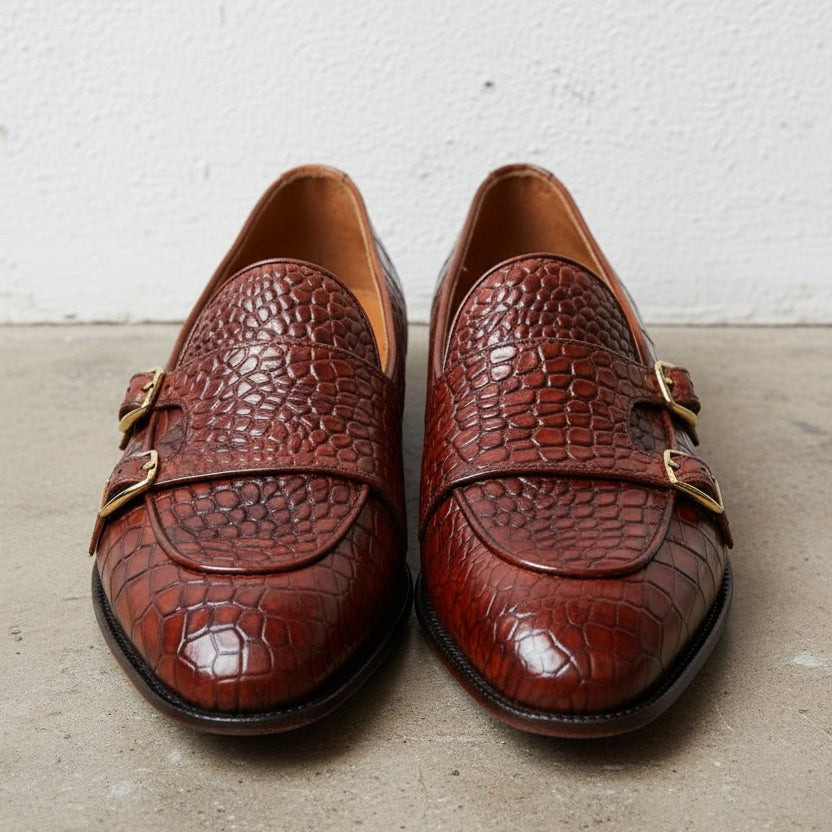 Men's Brown Crocodile-Embossed Leather Double Monk Shoes — Bowman — Bowman