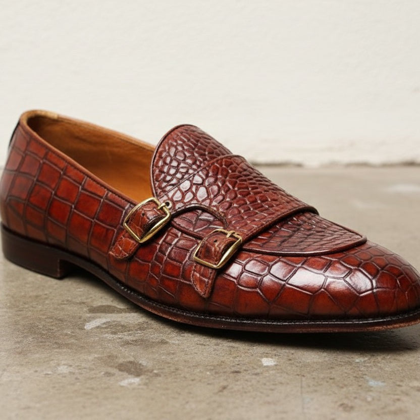 Men's Brown Crocodile-Embossed Leather Double Monk Shoes — Bowman — Bowman
