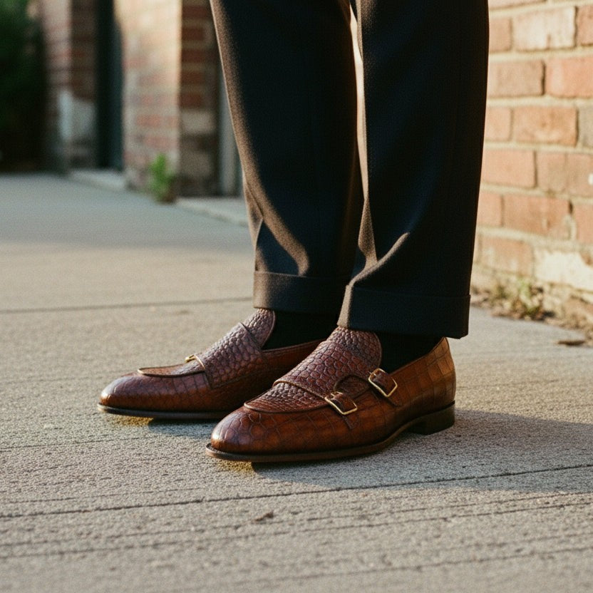 Men's Brown Crocodile-Embossed Leather Double Monk Shoes — Bowman — Bowman