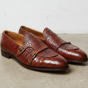 Men's Brown Crocodile-Embossed Leather Double Monk Shoes — Bowman — Bowman