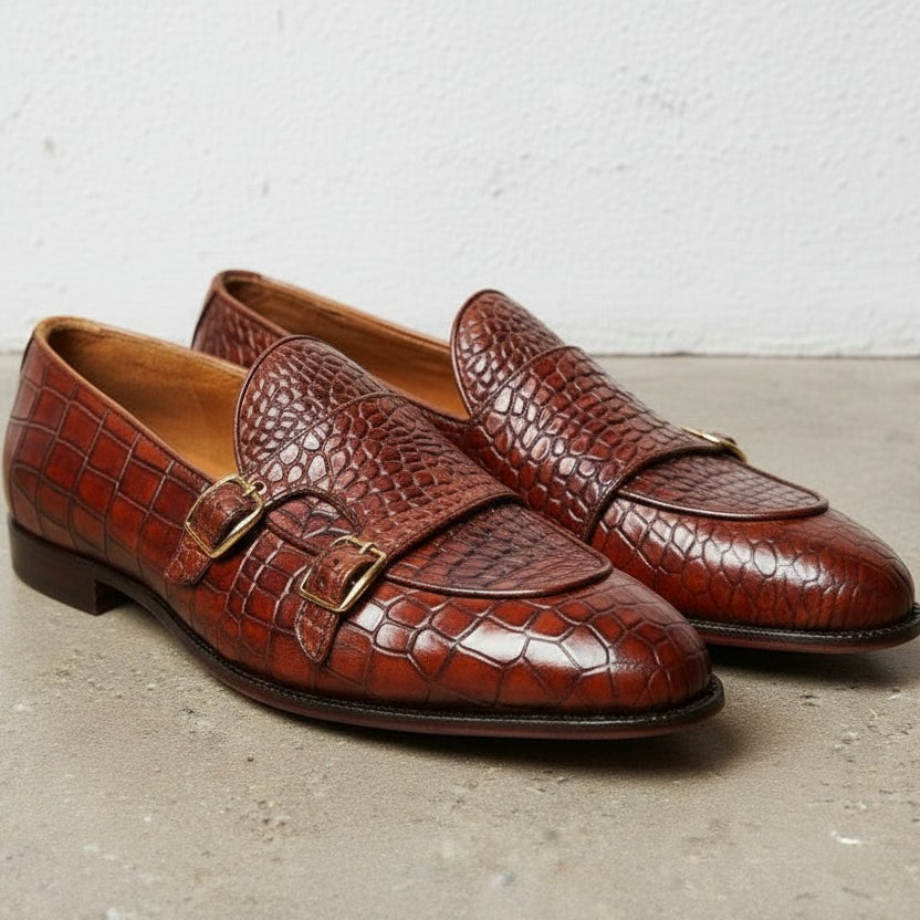 Men's Brown Crocodile-Embossed Leather Double Monk Shoes — Bowman — Bowman