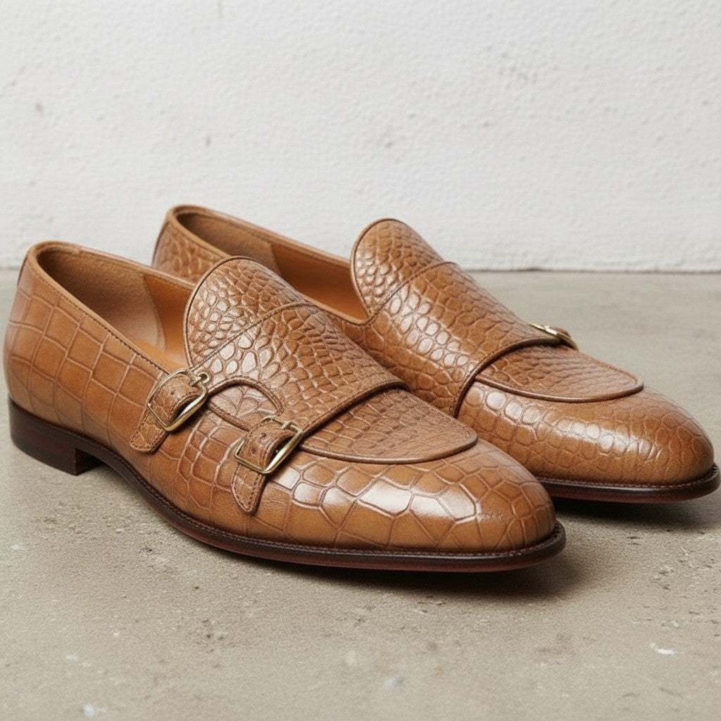 Men's Tan Crocodile-Embossed Leather Double Monk Shoes — Bowman