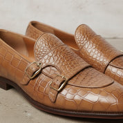 Men's Tan Crocodile-Embossed Leather Double Monk Shoes — Bowman