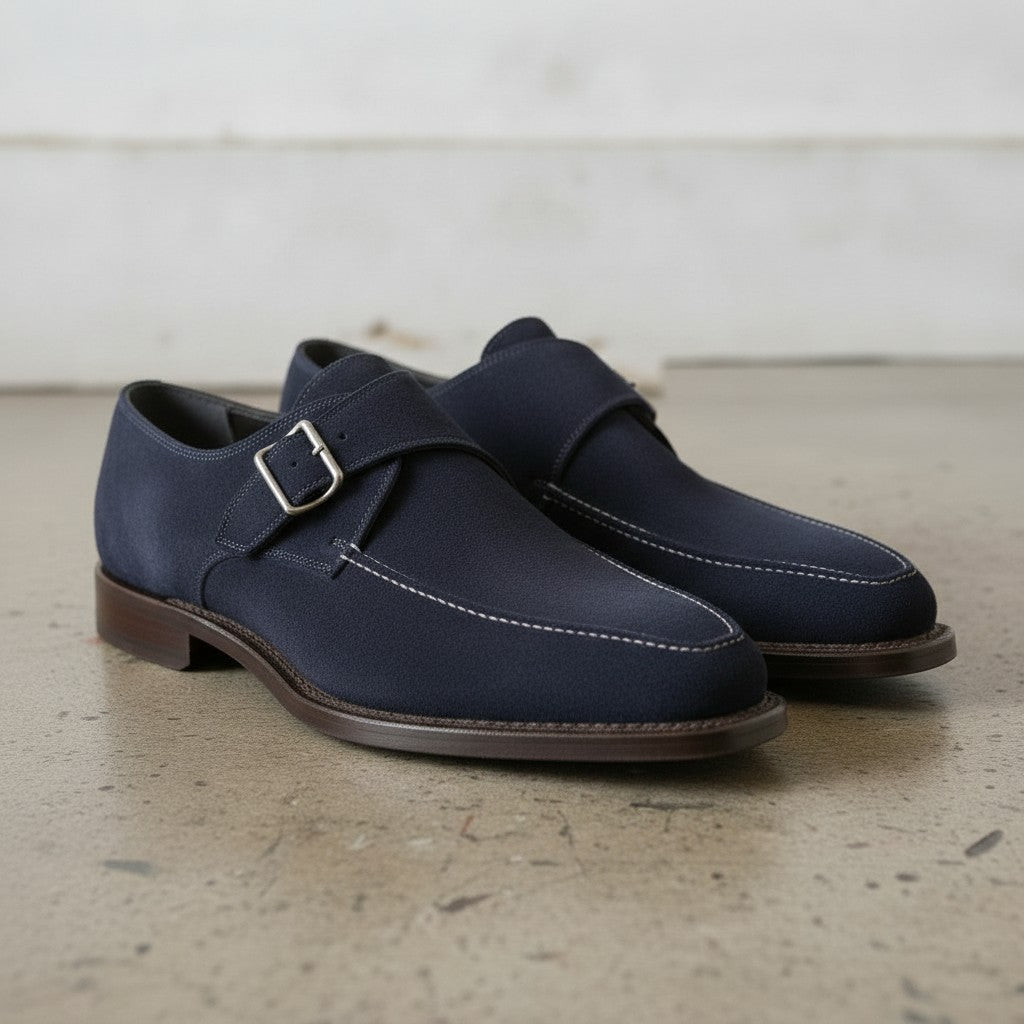Men's Navy Blue Apron-Toe Suede Monk Strap Shoes — Bagborough