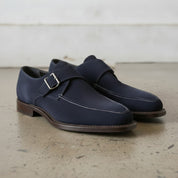 Men's Navy Blue Apron-Toe Suede Monk Strap Shoes — Bagborough