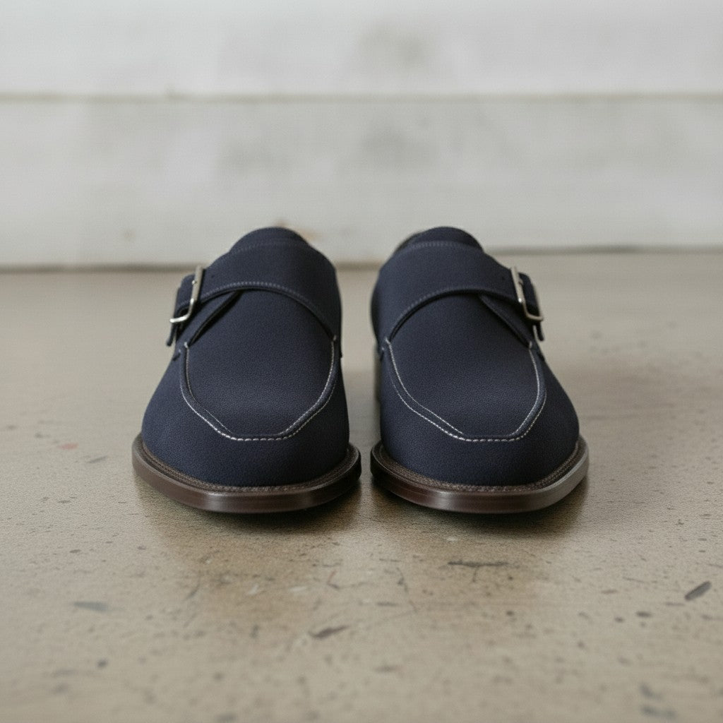 Men's Navy Blue Apron-Toe Suede Monk Strap Shoes — Bagborough