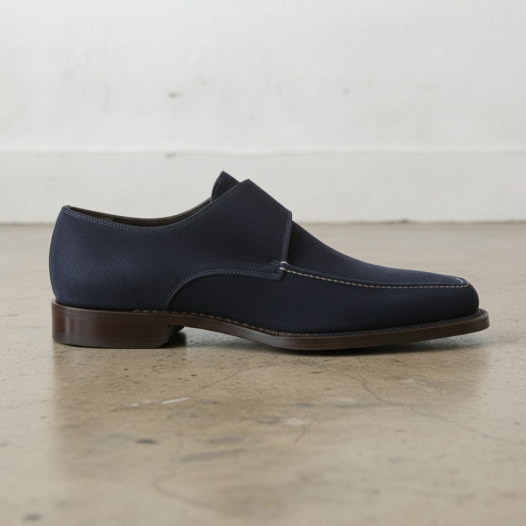 Men's Navy Blue Apron-Toe Suede Monk Strap Shoes — Bagborough
