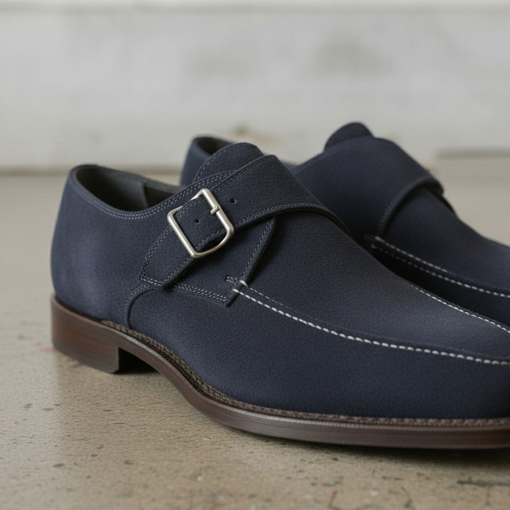 Men's Navy Blue Apron-Toe Suede Monk Strap Shoes — Bagborough