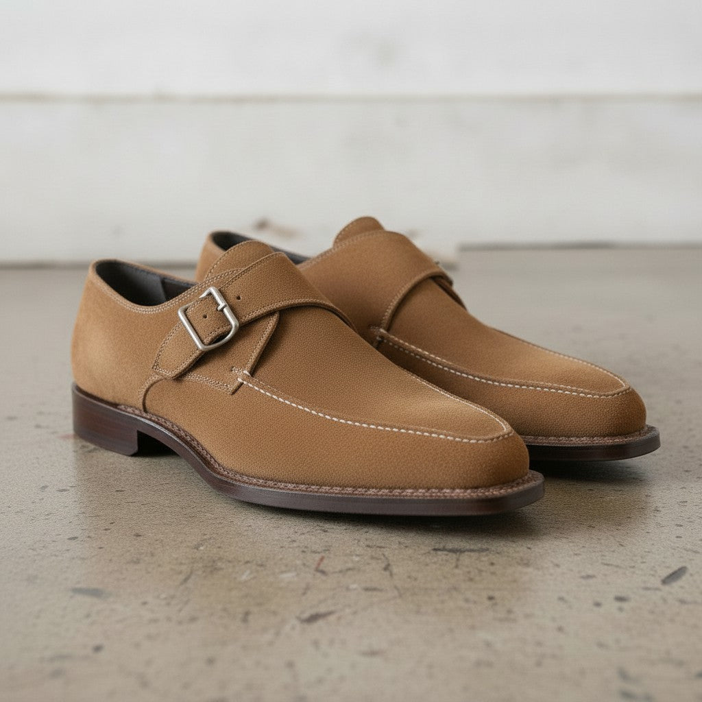Men's Tan Apron-Toe Suede Monk Strap Shoes — Bagborough