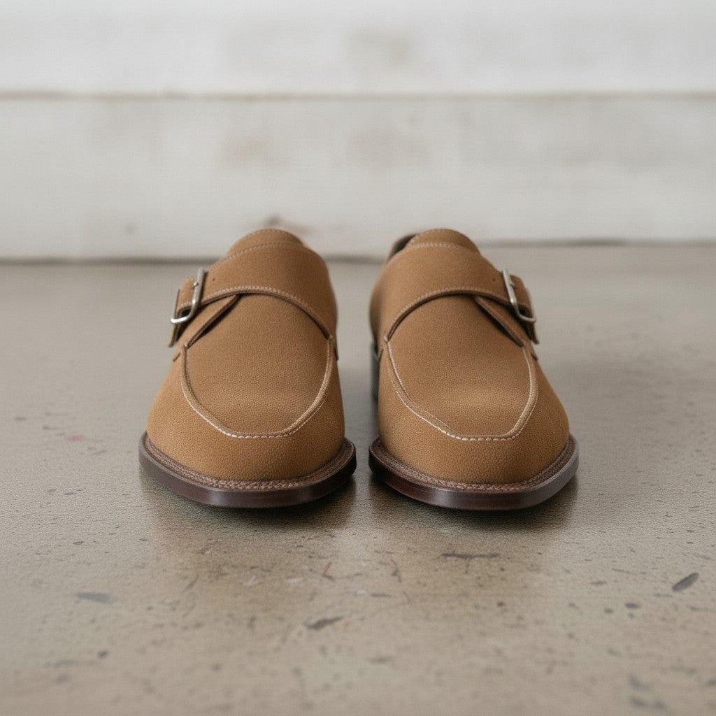 Men's Tan Apron-Toe Suede Monk Strap Shoes — Bagborough