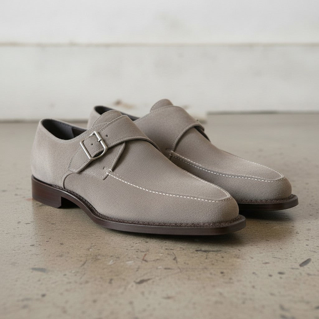 Men's Light Gray Apron-Toe Suede Monk Strap Shoes — Bagborough — Bagborough