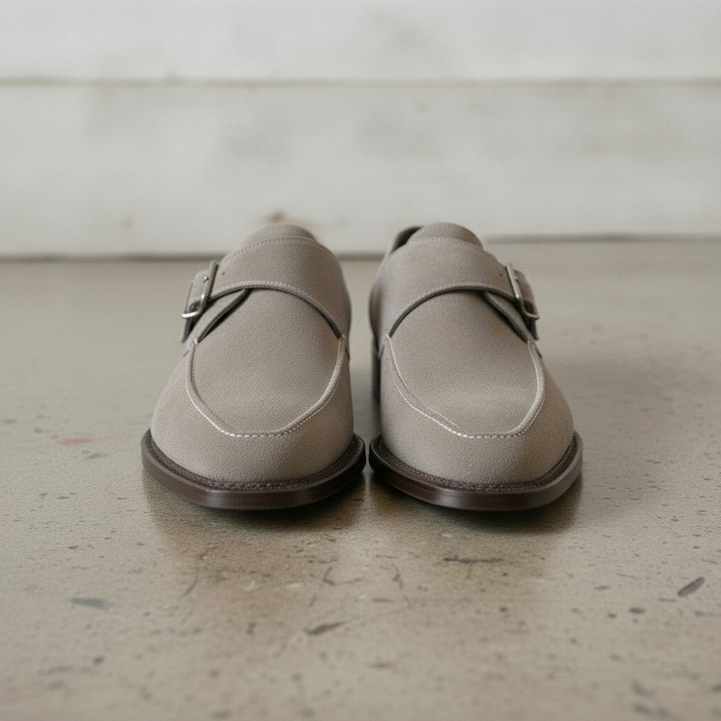 Men's Light Gray Apron-Toe Suede Monk Strap Shoes — Bagborough — Bagborough