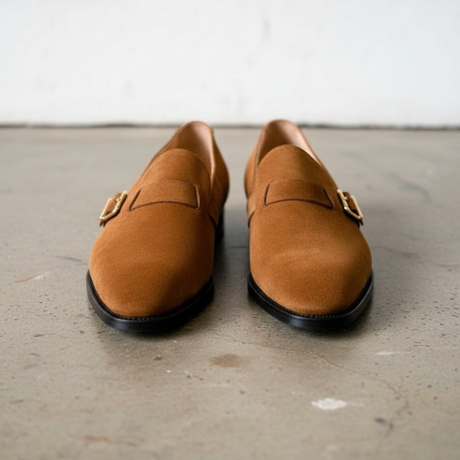 Men's Tan Plain-Toe Suede Monk Strap Shoes — Whitbread — Whitbread