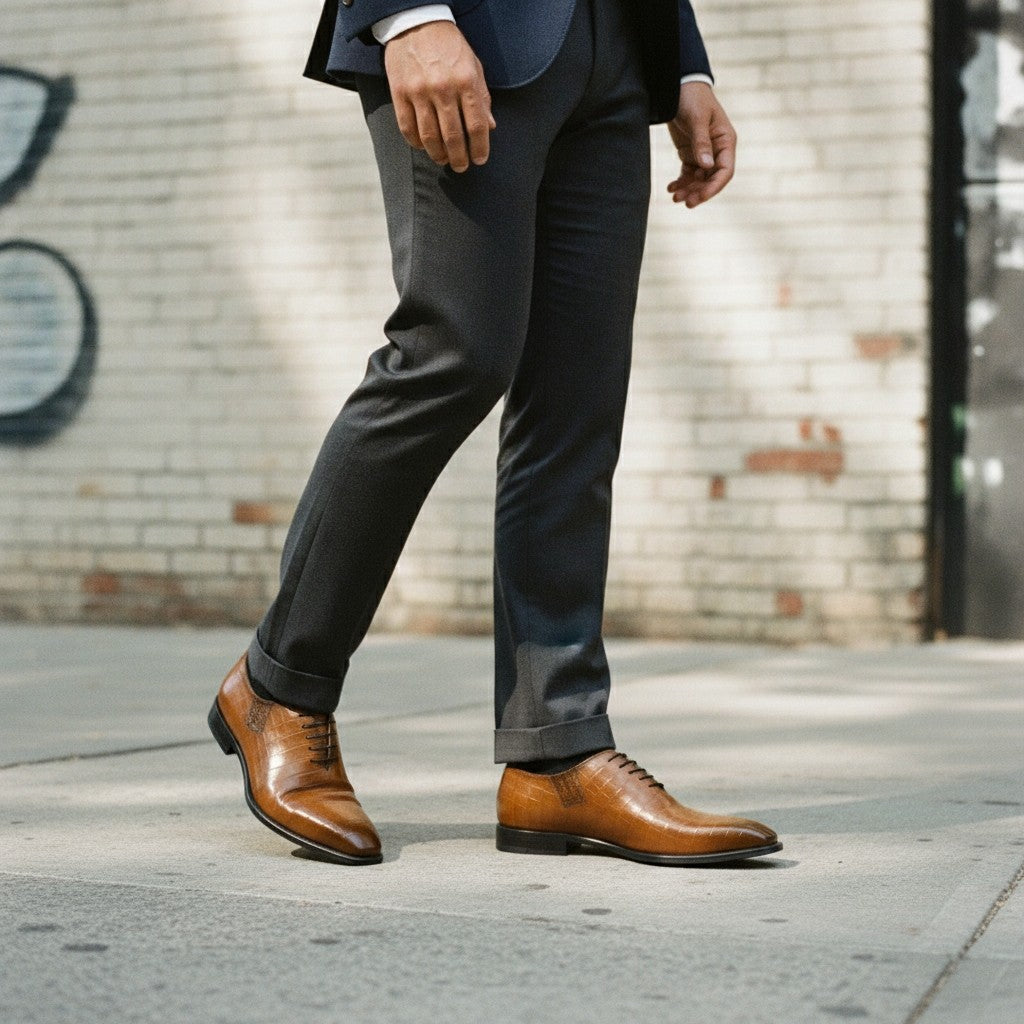 Men's Cognac Crocodile-Embossed Leather Oxfords — Wroxton