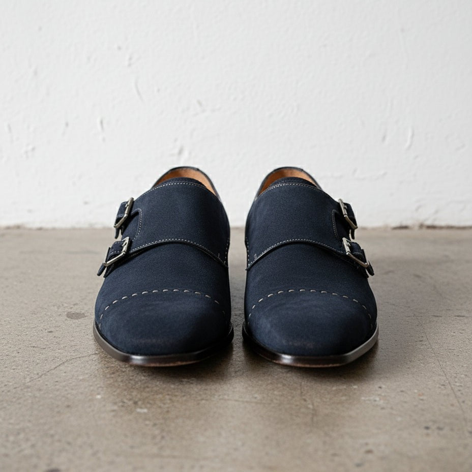 Men's Dark Blue Cap-Toe Suede Double Monk Strap Shoes — Worthington — Worthington
