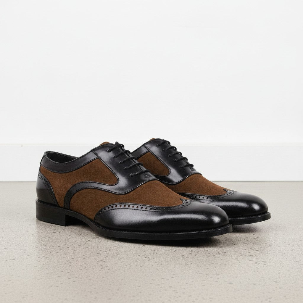 Men's Black and Brown Spectator Wingtip Suede and Leather Oxfords — Caulfield