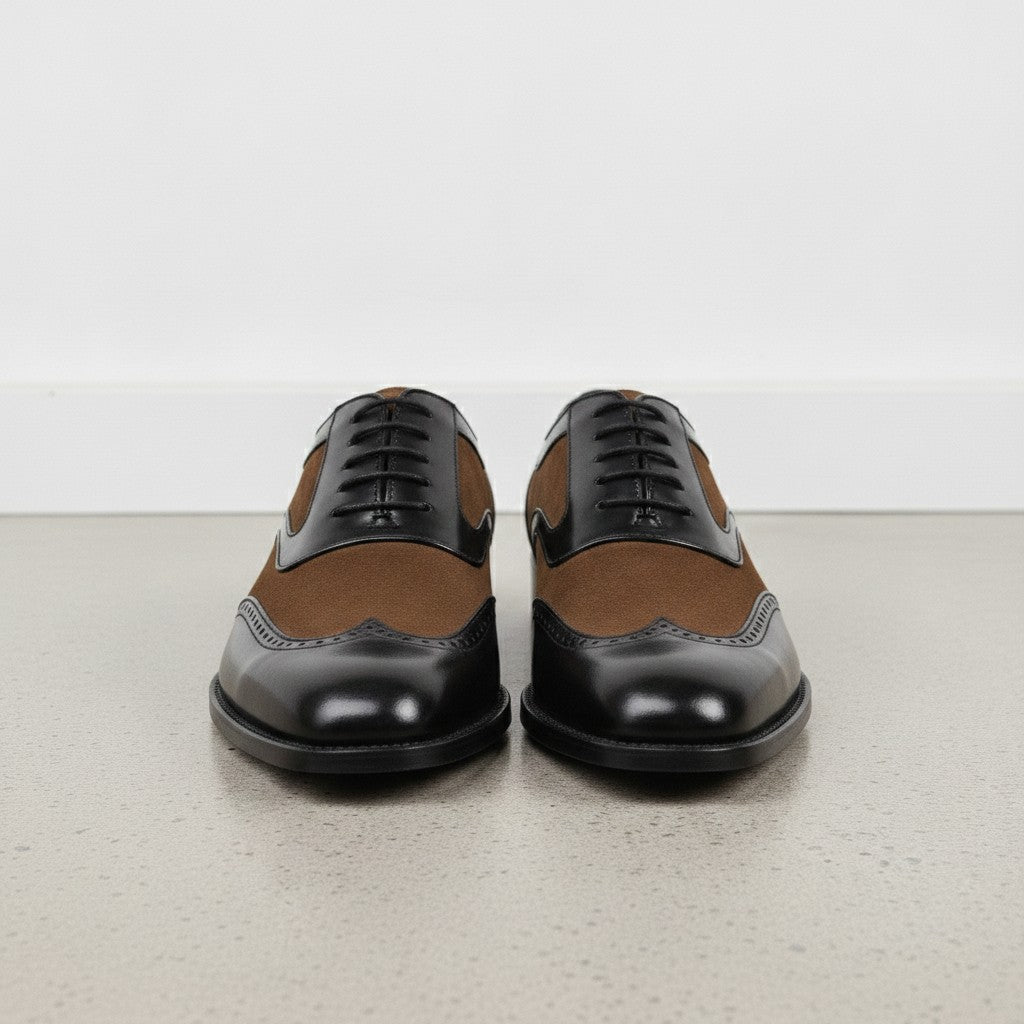 Men's Black and Brown Spectator Wingtip Suede and Leather Oxfords — Caulfield