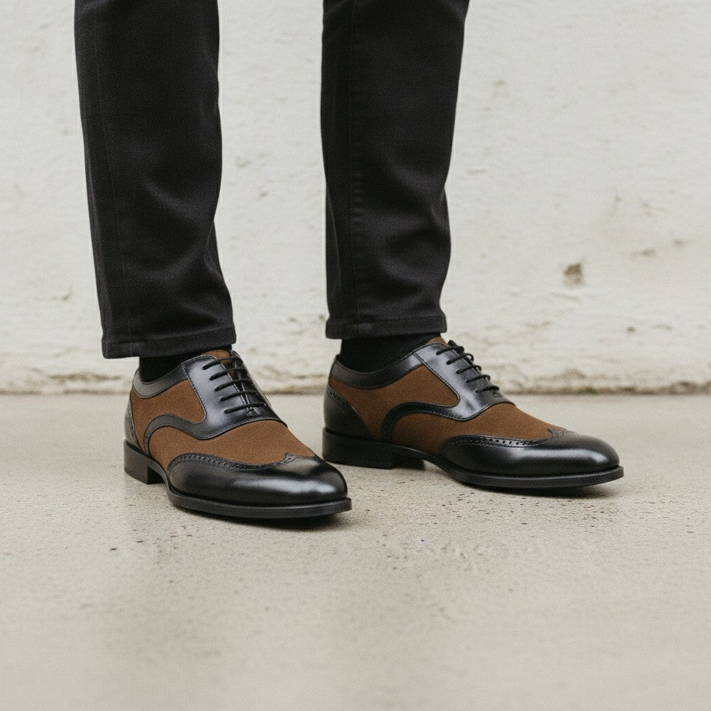 Men's Black and Brown Spectator Wingtip Suede and Leather Oxfords — Caulfield