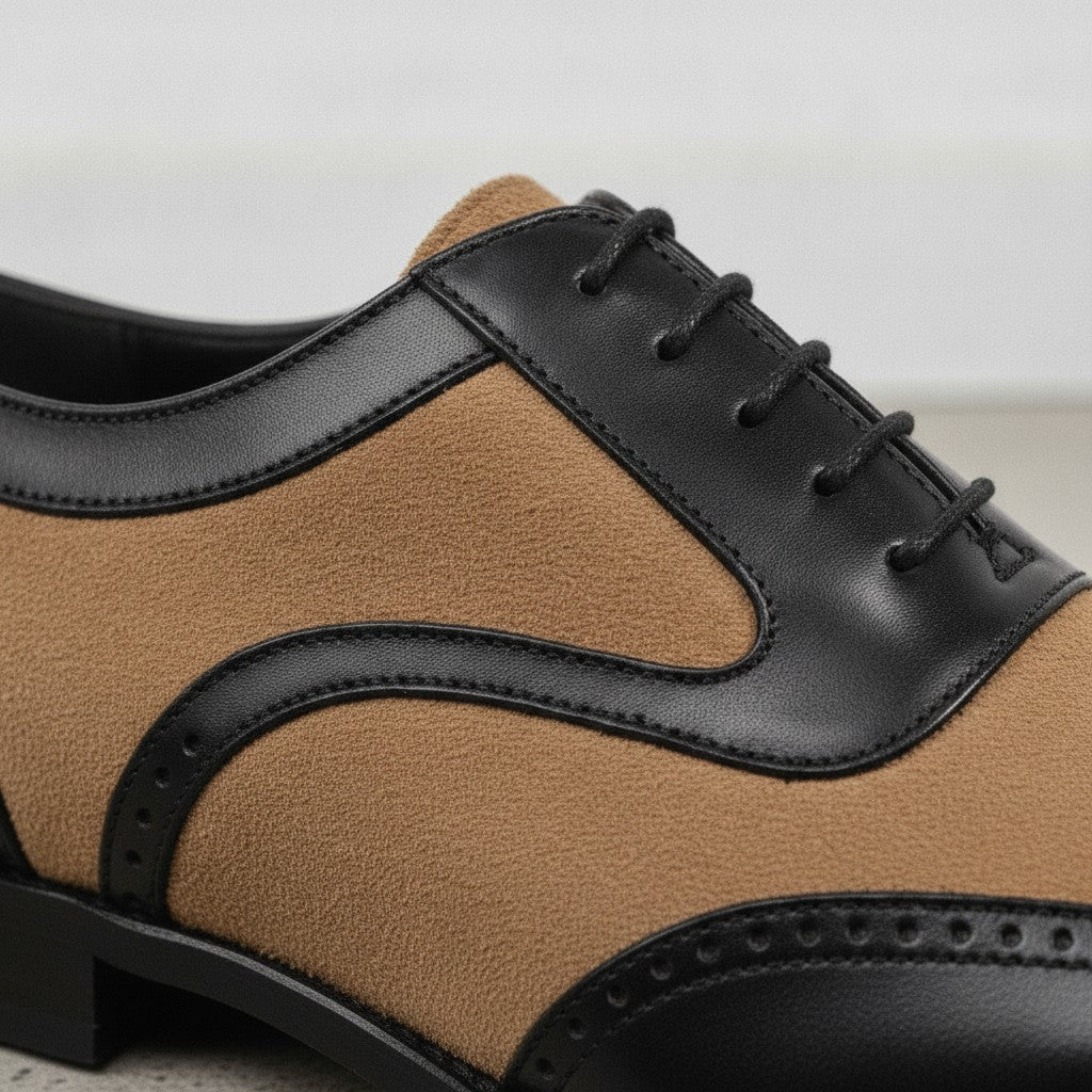 Men's Black and Tan Spectator Wingtip Suede and Leather Oxfords — Caulfield
