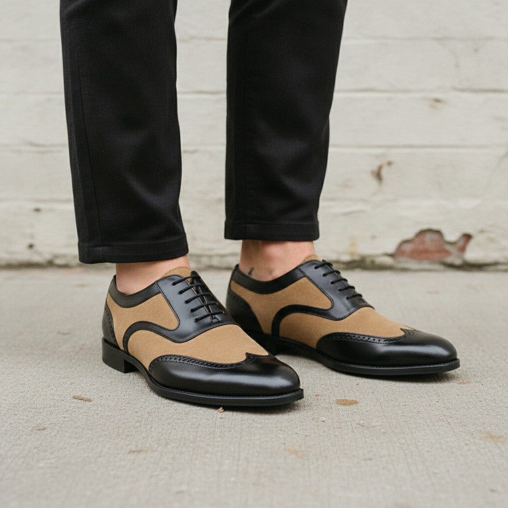 Men's Black and Tan Spectator Wingtip Suede and Leather Oxfords — Caulfield