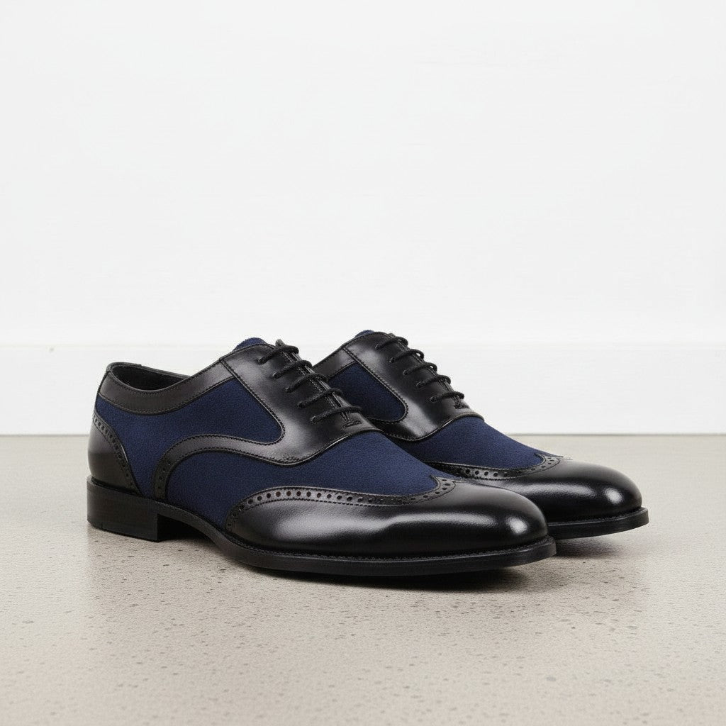 Men's Black and Navy Spectator Wingtip Suede and Leather Oxfords — Caulfield