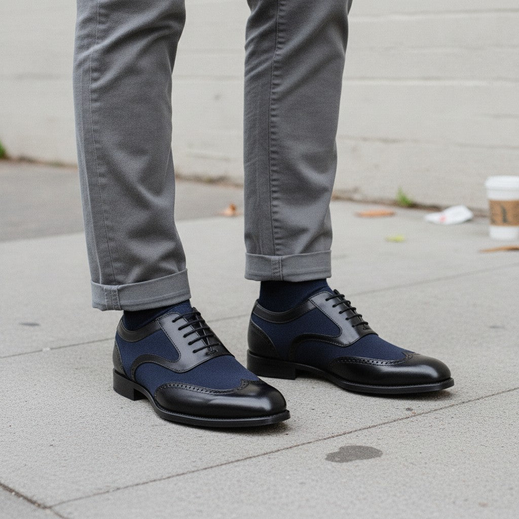 Men's Black and Navy Spectator Wingtip Suede and Leather Oxfords — Caulfield