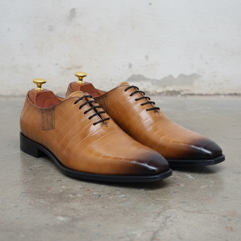 Men's Tan and Dark Brown Plain-Toe Crocodile-Embossed Leather Oxfords — Wroxton