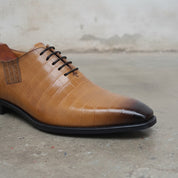 Men's Tan and Dark Brown Plain-Toe Crocodile-Embossed Leather Oxfords — Wroxton
