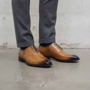 Men's Tan and Dark Brown Plain-Toe Crocodile-Embossed Leather Oxfords — Wroxton
