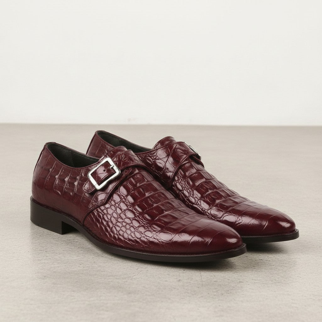 Men's Burgundy Crocodile-Embossed Leather Monk Strap Shoes — Royston