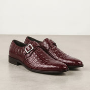 Men's Burgundy Crocodile-Embossed Leather Monk Strap Shoes — Royston