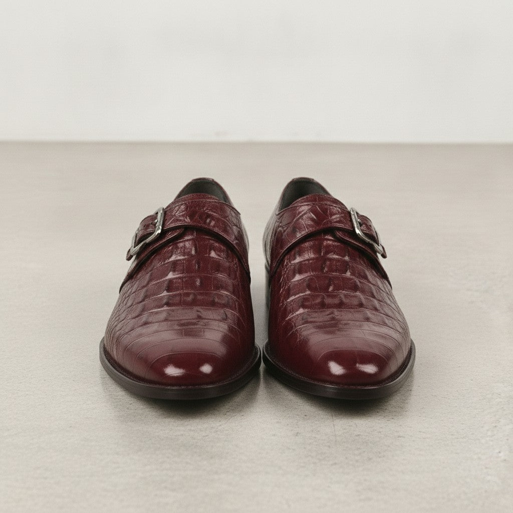 Men's Burgundy Crocodile-Embossed Leather Monk Strap Shoes — Royston