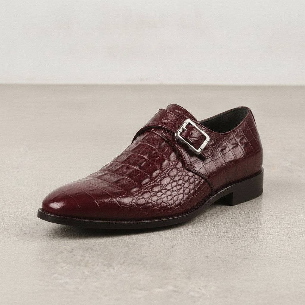 Men's Burgundy Crocodile-Embossed Leather Monk Strap Shoes — Royston