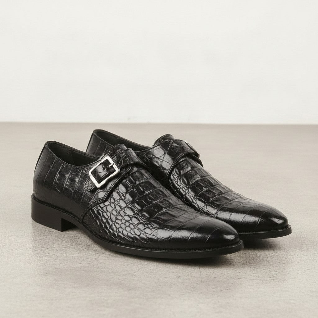 Men's Black Crocodile-Embossed Leather Monk Strap Shoes — Royston