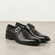 Men's Black Crocodile-Embossed Leather Monk Strap Shoes — Royston