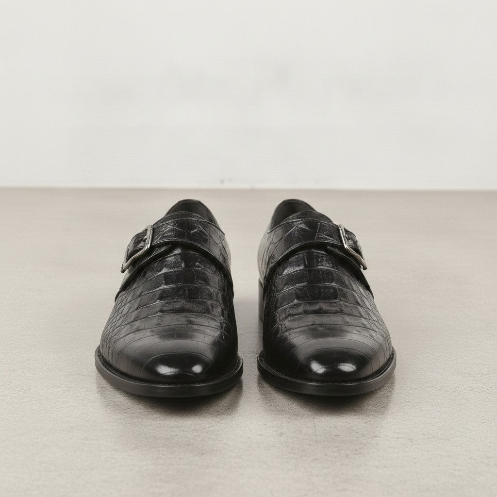 Men's Black Crocodile-Embossed Leather Monk Strap Shoes — Royston