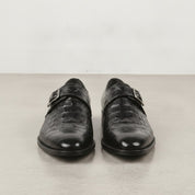 Men's Black Crocodile-Embossed Leather Monk Strap Shoes — Royston