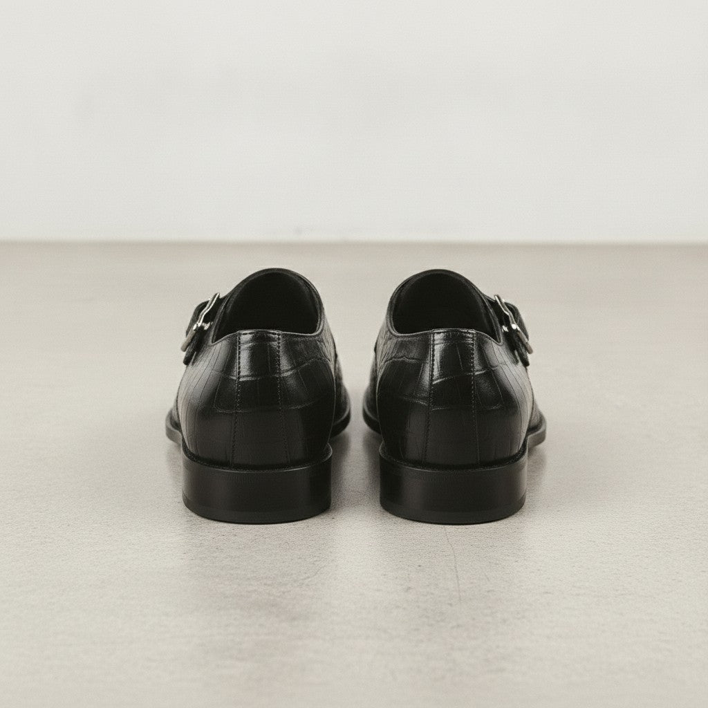 Men's Black Crocodile-Embossed Leather Monk Strap Shoes — Royston